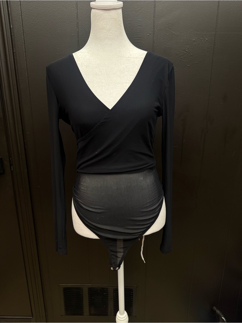 Black Long-Sleeve Wrap Bodysuit - Women Tops